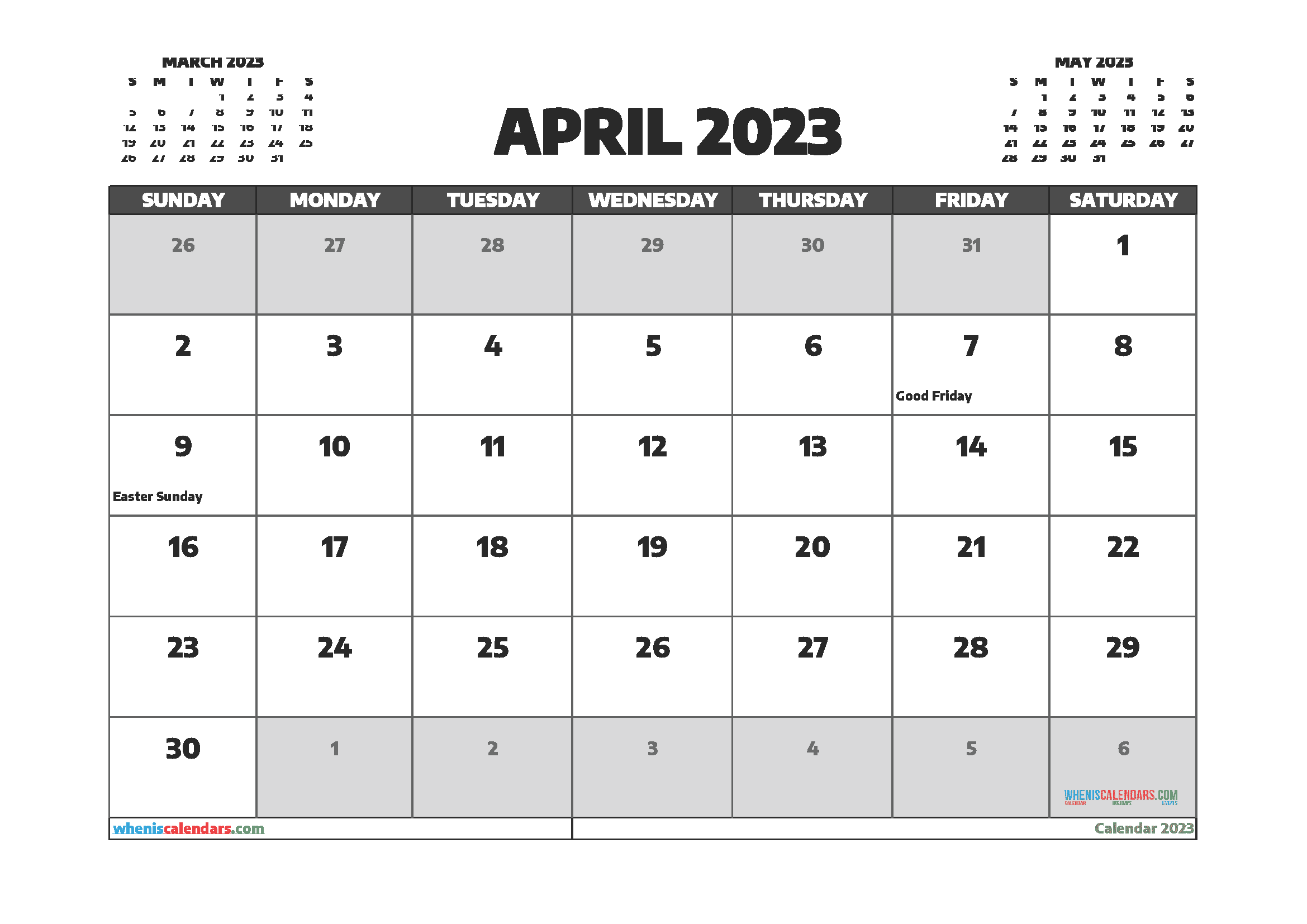 Monthly Calendar Printable April 2023
